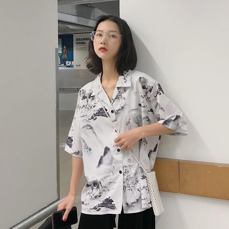 

Casual Loose Ink Short Sleeve Shirt Women's Summer Shirts Kawaii Ulzzang Lovely Female Harajuku Ins Chic Cute Top For Women