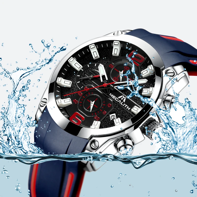 MEGALITH Men Sports Watches Waterproof Luminous Hands Chronograph Analog Quartz Watches Silicone Rubber Strap Relogio Masculino