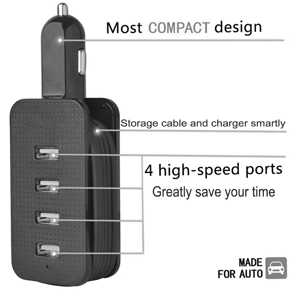 Многопортовое автомобильное зарядное устройство 4 USB 20 Вт 1 м кабель для быстрой зарядки Iphone 5 5S 6 6S 7 Plus Ipad samsung huawei zte LG htc lenovo адаптер