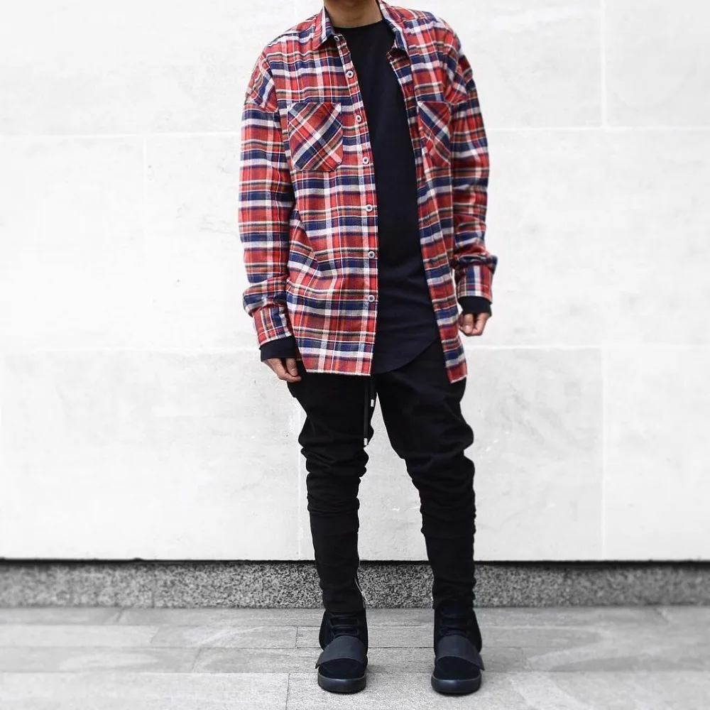 2017 NEW Quality flannel Scotland Red grid long sleeve font b shirts b font Hiphop extended