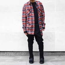2017 NEW Quality flannel Scotland Red grid long sleeve shirts Hiphop extended curved hem oversized Men Cotton shirt