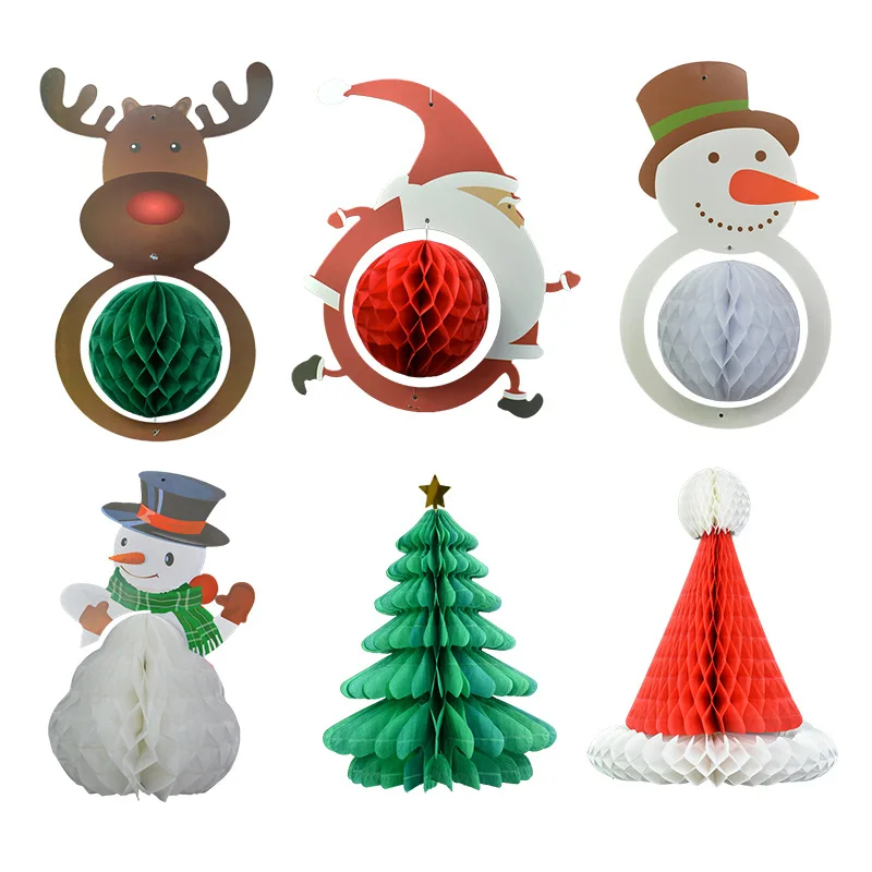 

Christmas Tree Santa Hat Snowman Paper Hanging Lantern Garland Honeycomb Ball for Christmas Ornaments Xmas Home Party Decoration