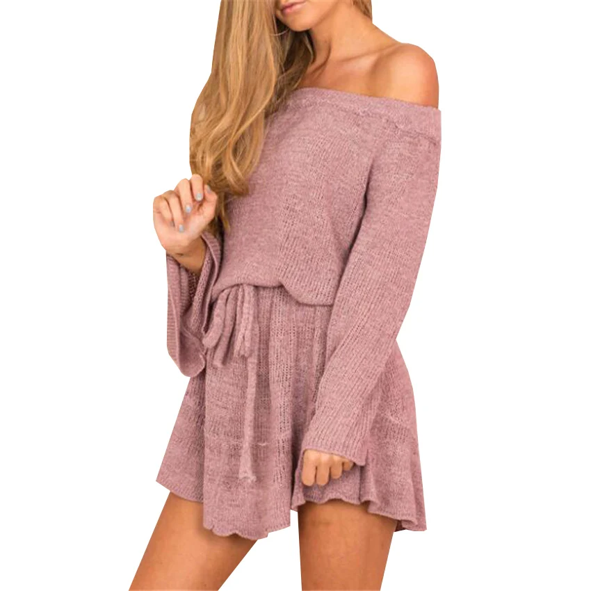 Autumn Women Knitted Dress New Sexy Sashes Off Shoulder Sweater Dresses Casual Loose Elastic Flare Sleeve