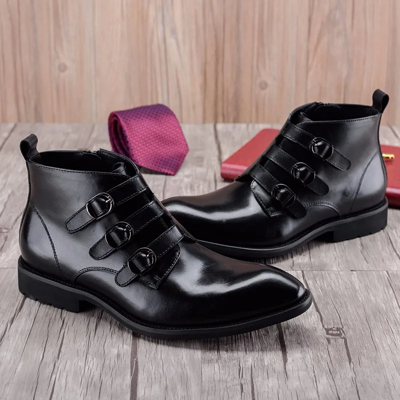 Модные черные ботильоны с тремя пряжками; мужская повседневная обувь; мотоботы из натуральной кожи; Мужская Уличная обувь