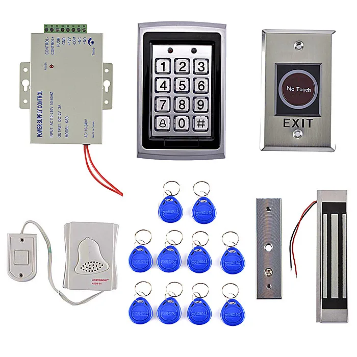 

125KHz RFID Metal Password Keypad Door Access Control Security System Kit + Electric Magnetic Lock+ IR No Touch Exit Button 7612