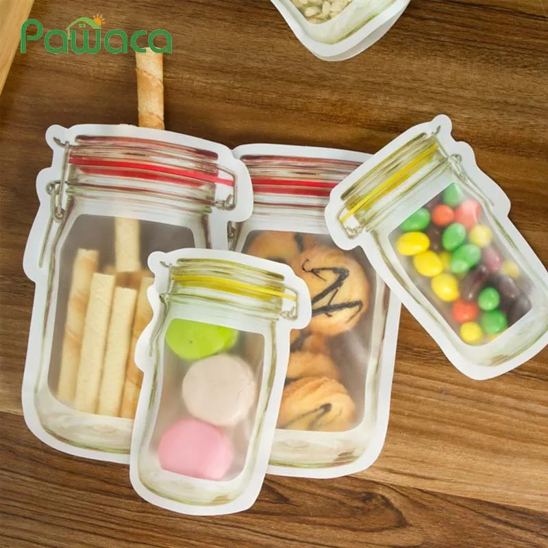 

4pcs/ 3pcs Mason Jar Shape Food Saver Storage Bags Set Snacks Fresh Bag Refrigerator Clear Plastic Sealed Bag Kitchen Organizer