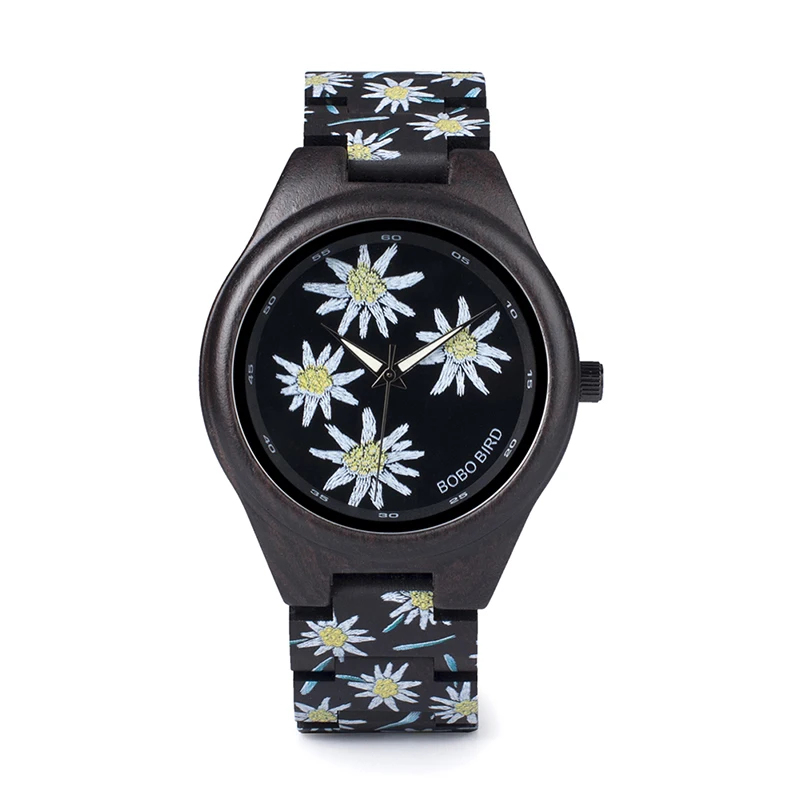 BOBO BIRD Fashionable Embroidery Series Mens Watch Broderie Dial All Ebony Wood Watches in Wooden Gift box