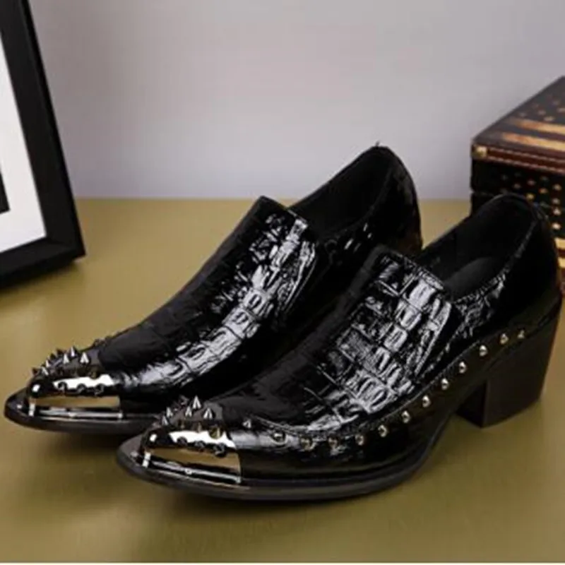 

Zapatos hombre 6CM mens shoes high heels black spiked loafers genuine leather stud men wedding shoes formal pointy dress oxford