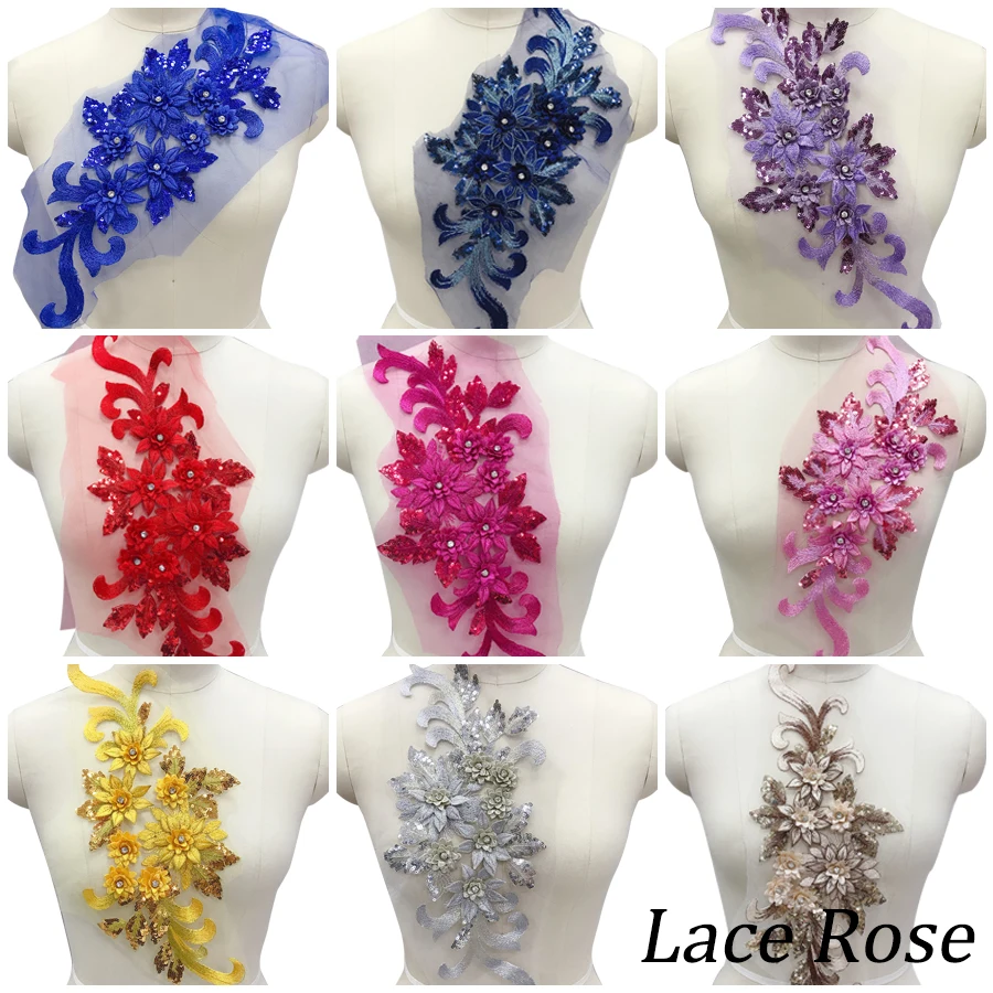 

16Color Beaded 3D Flower Embroidered Patch Lace Applique Lace Fabric Trim For Evening Dress Sewing On Garment Accessories