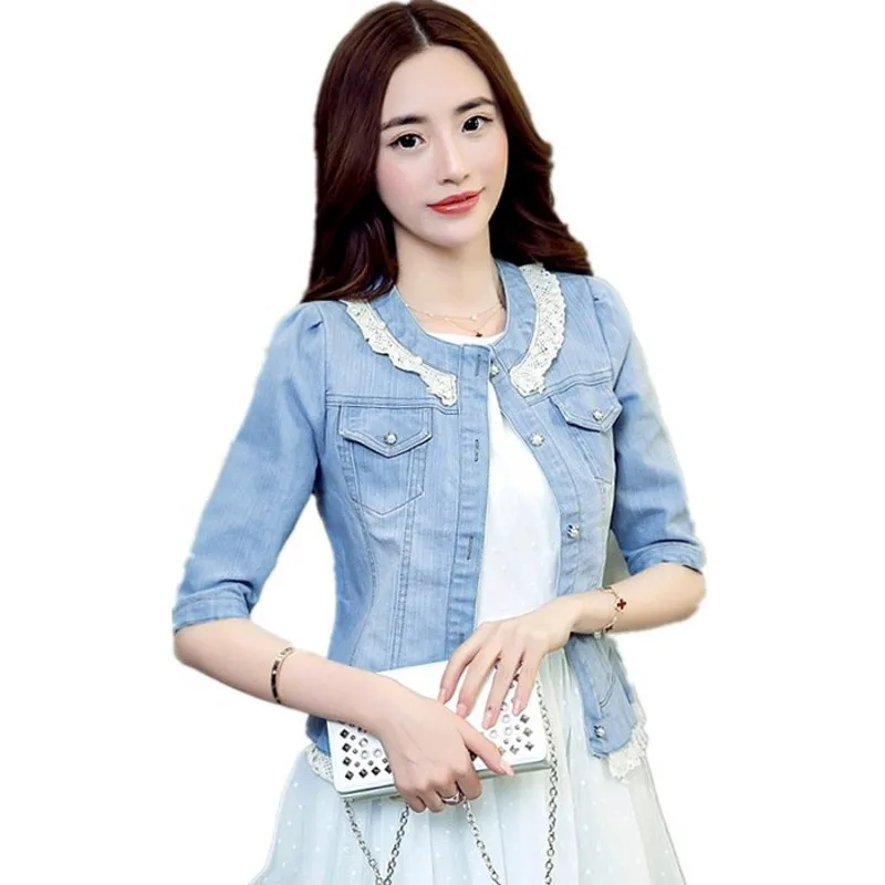 

New Denim Jeans Coat Ladies Three Quarter Sleeve O-neck PLus size 3XL Women Jackets 7WJ008