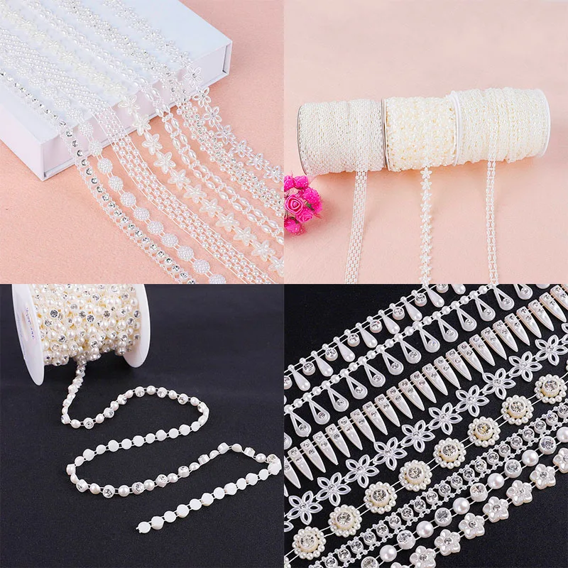 

1-2M/bag ABS Imitation Pearl Beads Chain Trim with Crystal Rhinestone for DIY Wedding Party Decoration Handmade Craft Supplies
