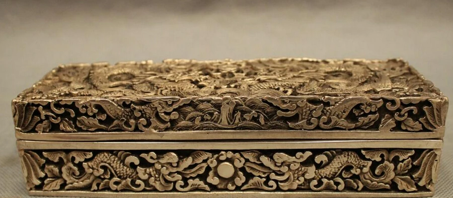 

S2337 8" Folk Chinese Silver FengShui Fly Dragon Statue Box Incense Burner Censer D0318