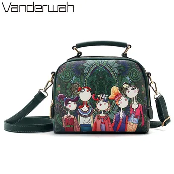 

New brand women handbag bag dark green forest cartoon image printing women leather messenger tote retro flap shoulder bags SAC
