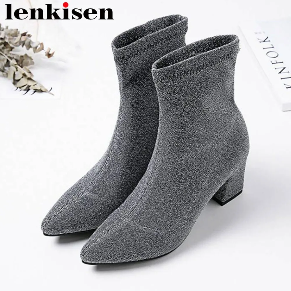 

Lenkisen 2018 slip on european style concise girls almond shaped solid high thick heels stretch plus size mid-calf boots L0f1