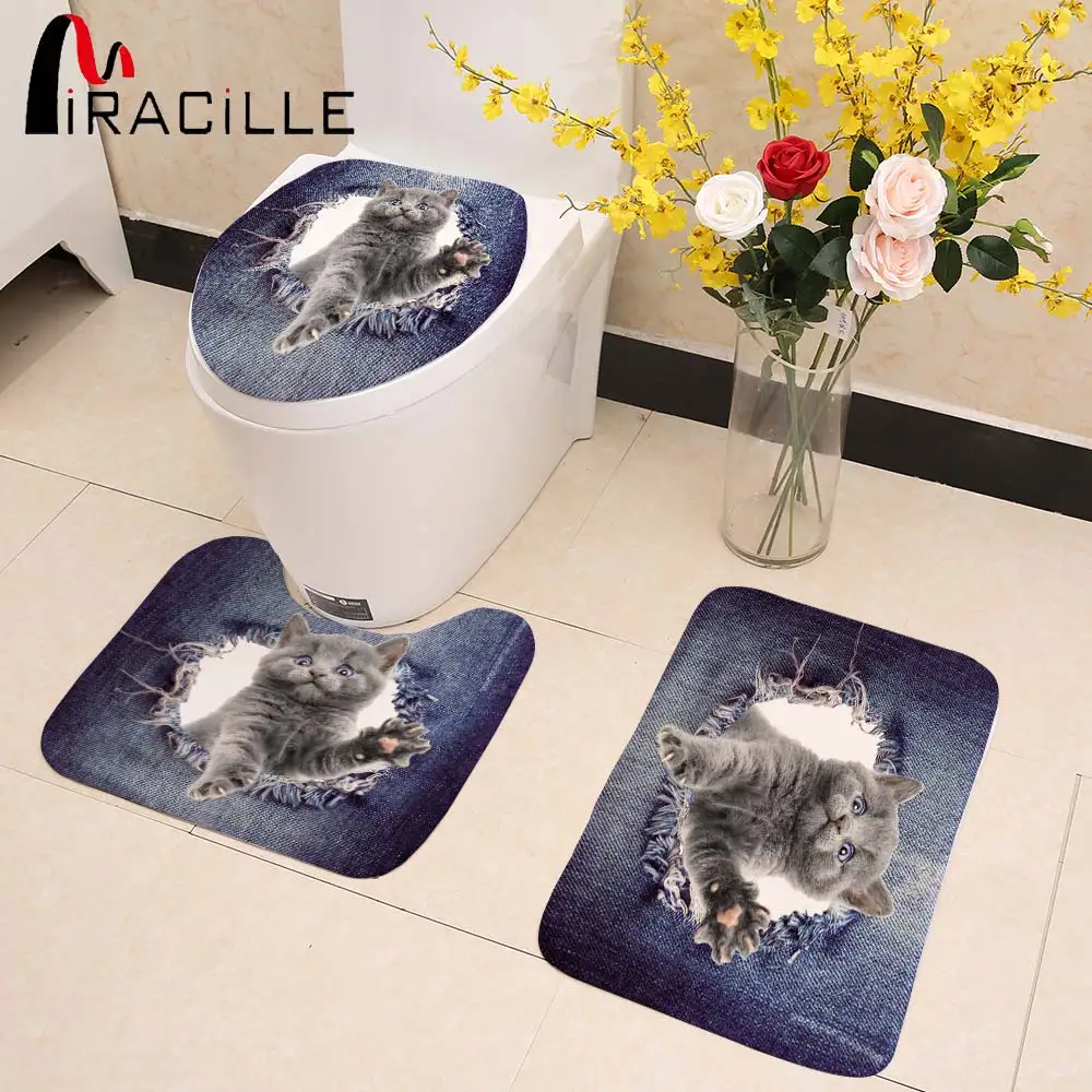 Online Miracille Jeans Design Home Decor Nette 3D Tier Katze Hund gedruckt 3 STÜCKE Set Bad rutschfeste Bodenteppiche WC Wc sitz matten