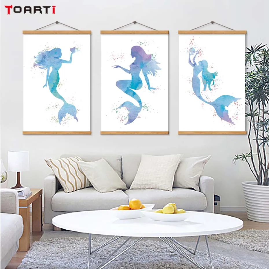 Watercolor Mermaid Cartoon Wall Art Print Home Decor Nordic Poster Canvas Painting For Girl Nursery Bedroom Modular Wall Picture (2)