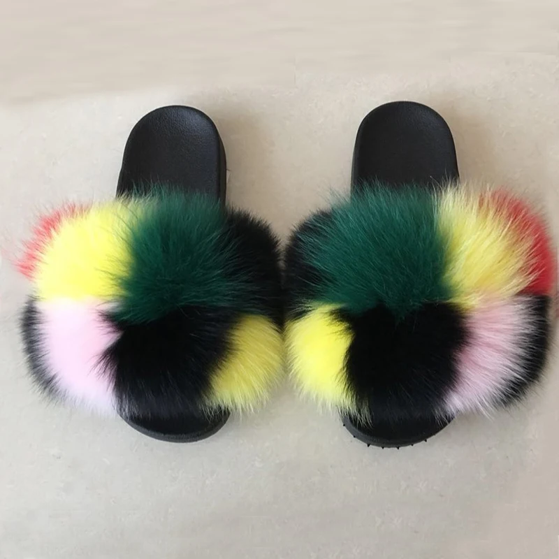 

2019 New Color Real Fox Fur Slippers Slides Casual Shoes Fluffy Slippers Flip Flops Furry Shoes Women 36-45Big size
