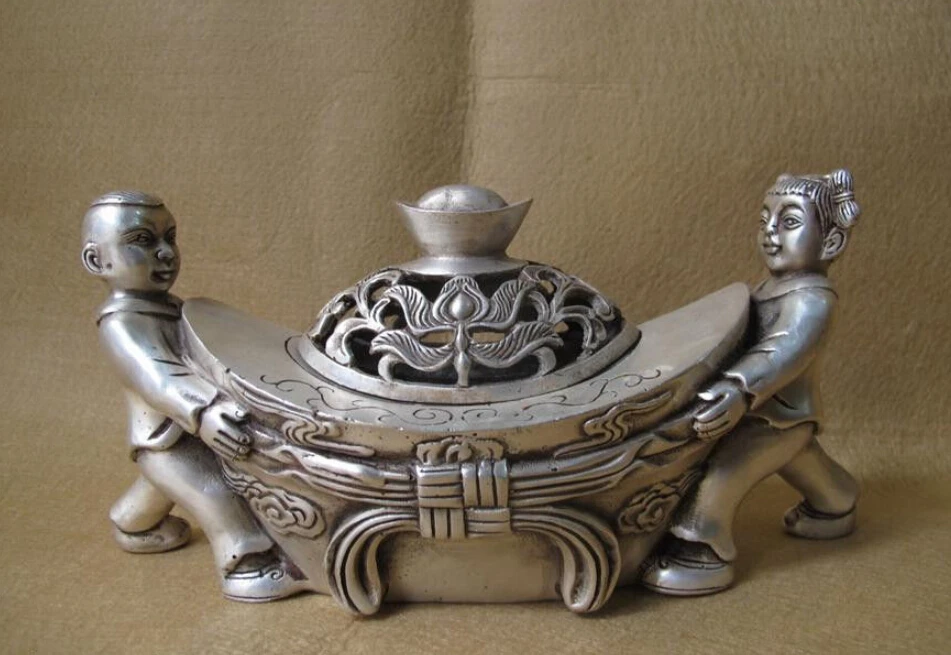 

Tibet Feng shui Silver Wealth Yuanbao Boy And Girl Incense Burner censer