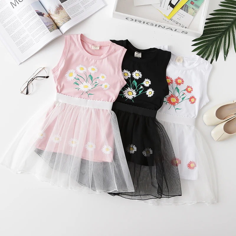 

Girls Clothing Sets 2019 Summer Kids Clothes Sleeveless Sunflower Long Pullover Top+Yarn Skirt Two Pieces Princess Suit 2-8Years