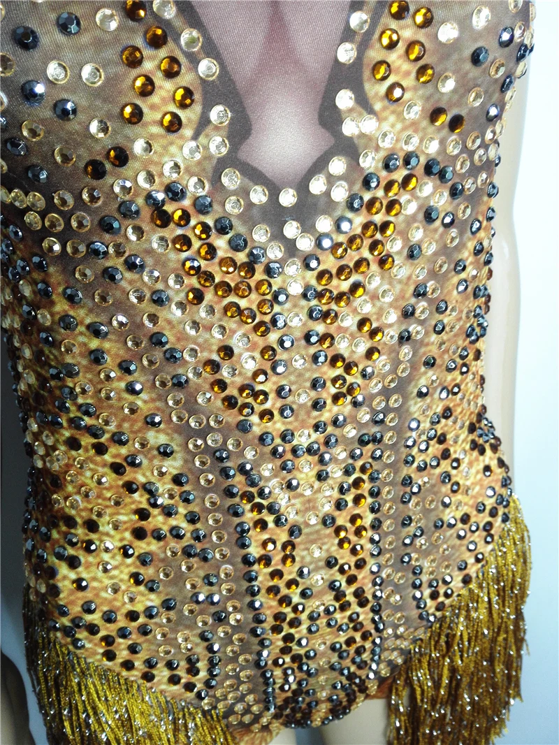 Sexy Gold Tassels Crystals Sleeveless Bodysuit Rhinestones Catsuits Nightclub Bar Women DJ Singer Dance Teams Jazz Stage Costume crotchless bodysuit