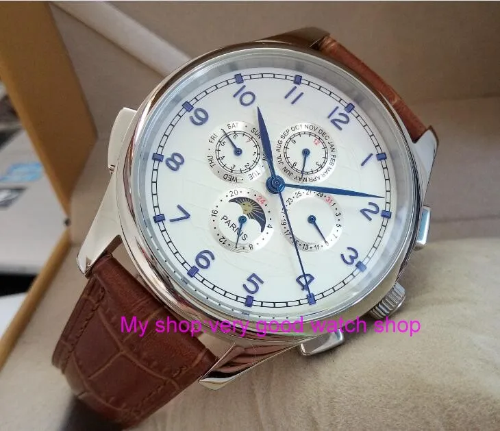 

44MM PARNIS Automatic Self-Wind movement white dial Blue hands multi-funtion men's watch Mechanical watches wholesale