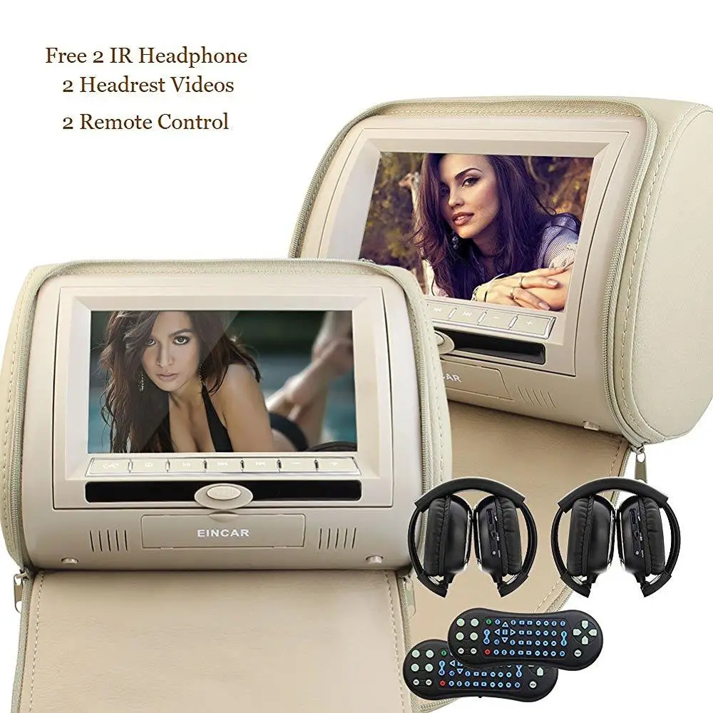 

7" 2 two Car Monitror Headrest Video DVD Player pillow Digital Screen Leather USB SD IR FM Transmitter Beige Wireless Headphone