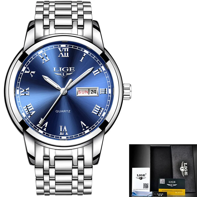LIGE часы мужские модные спортивные Кварцевые полностью стальные золотые деловые мужские s часы Лидирующий бренд Роскошные водонепроницаемые часы Relogio Masculino - Цвет: silver blue steel