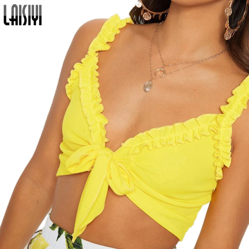 

LAISIYI Women Casual V Neck Cotton Camis Summer Solid Ruffles Ruched Lae Up Sleeveless Tank Top Lady Basic Crop Top ASVE20705