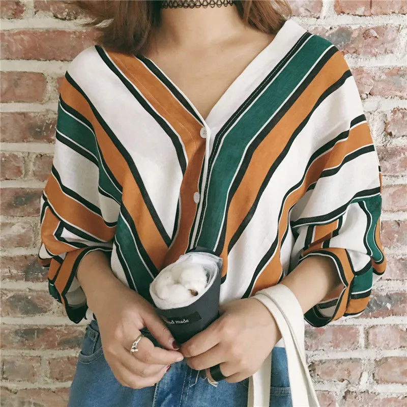 

Sexy Autumn Summer Blouse Deep V-Neck Striped Women Causal Loose Regular Size Shirt Batwing Long Sleeve Button Polyester