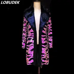 Последняя мода для мужчин искусственный мех пальто Роскошные костюмы розовый блёстки перья Длинная Верхняя одежда прилив мужской ночной