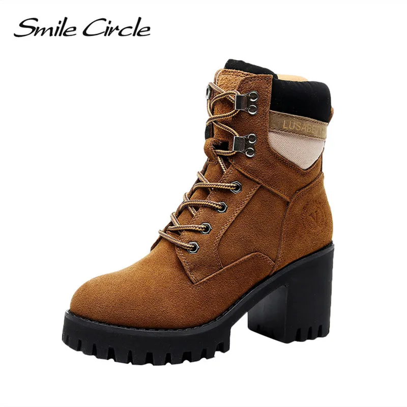 Smile Circle big size 33-43 Suede Leather Chunky Boots Women High Heel Shoes Autumn Winter Lace-up Lady Shoes platform boots