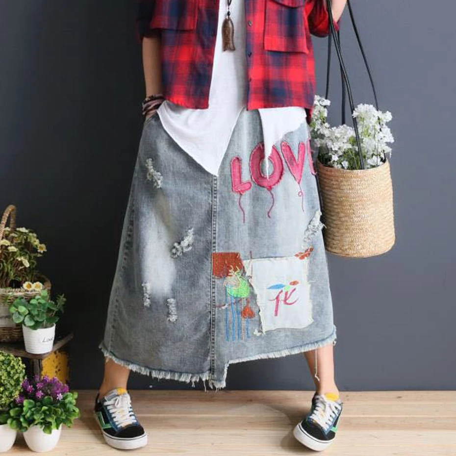 

Women Denim Skirt Kawaii Sweet Cute Fashion Long Loose Elastic Waist Skirt Embroidery Letters Patchwork Bleached AZ39292524