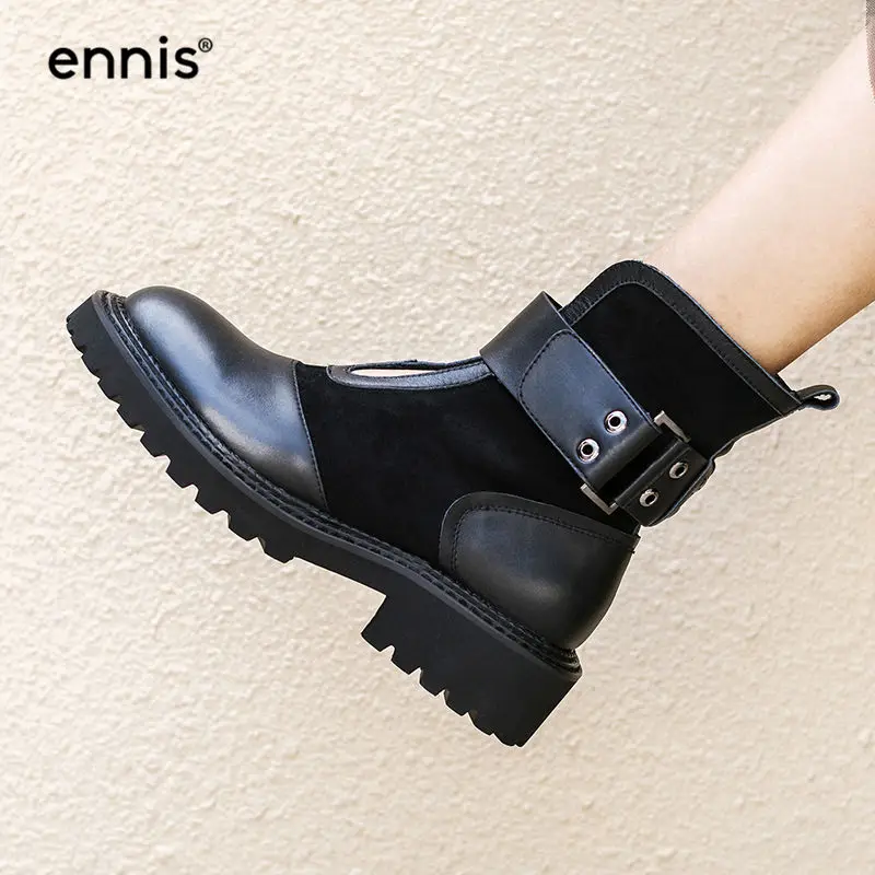 ENNIS/; дизайнерские ботинки; черные женские ботинки на платформе; осенние ботинки из натуральной кожи; зимняя женская обувь из коровьей замши с пряжкой; Новинка; A8187
