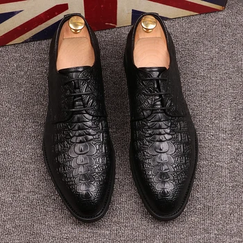 

Fashion Man Formal Shoes Genuine Leather Personality Men Business Oxford Wedding Shoes Crocodile pattern retro personality shoes