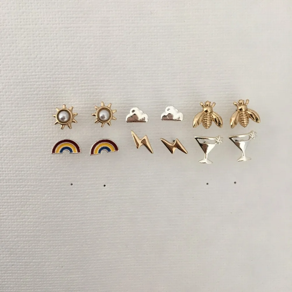 Симпатичные 6 пар сережек Золото Серебро Цвет покрытие солнце облако Радуга молния мед пчела Кубок серьги гвоздики комплект