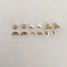 Симпатичные 6 пар сережек Золото Серебро Цвет покрытие солнце облако Радуга молния мед пчела Кубок серьги гвоздики комплект