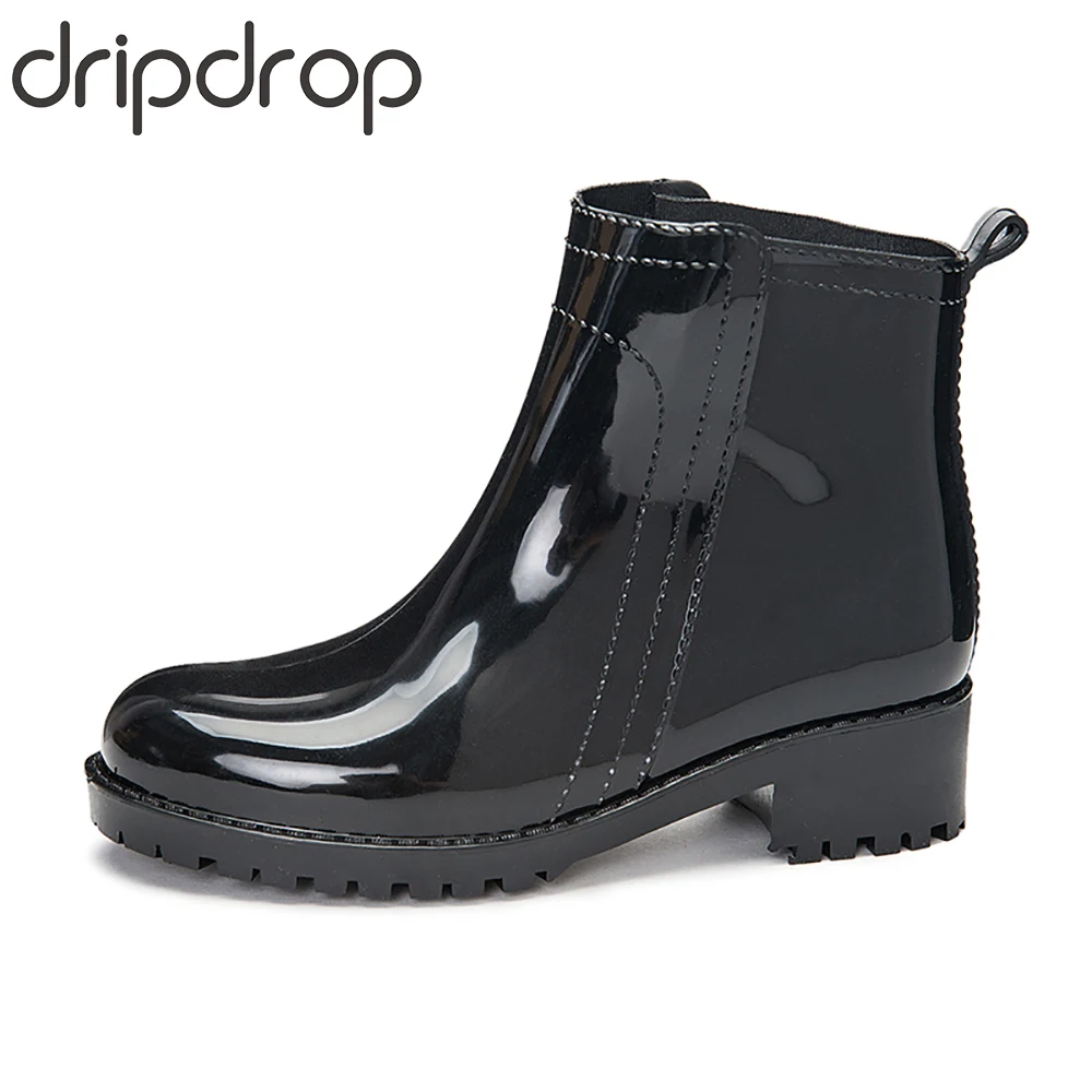 Baratos DRIPDROP botas cortas para mujer impermeables antideslizantes zapatos para la lluvia a la moda Botas de lluvia Chelsea de goma tobillo femenino