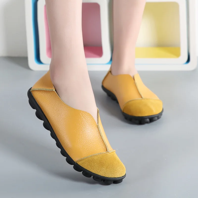 Dobeyping/Новинка; женская обувь из натуральной кожи; мягкая женская обувь на плоской подошве; нескользящие женские лоферы; повседневные водонепроницаемые Мокасины без застежки; женская обувь; Размеры 35-43 - Цвет: Yellow