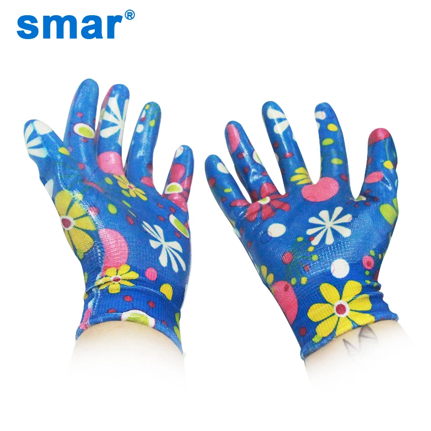 

Smar Hot Sale Women Non-Slip Housework Cleaning Breathable Gardening Gloves Ladies Flower Printed Work Nitrile Labor Gloves