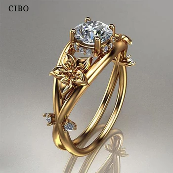 

Gold Color Ring Wedding Rings Stone Flower Hollow Out Engagement Ring Gifts for Women Classic Female Stainless Steel Jewelry