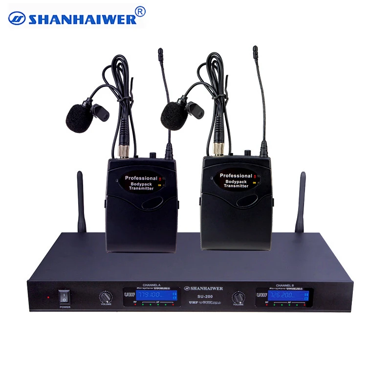 

UHF dual channel receiver with LCD display tie clip high sensitive capacitance wireless microphone easy-to-use handheld UHF mic