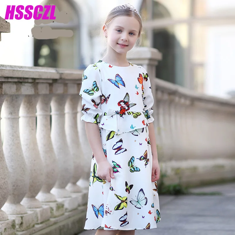

HSSCZL Girl Down Jackets Summer 2017 Children Brand Half Sleeve girl Princess dress print Butterfly prints Party Fille Robe 4-14
