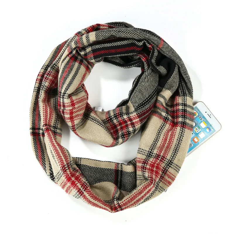 

check plaid print imitated cashmere infinity scarf with zip pocket women thick acrylic snood circle scarf neck warmer collar