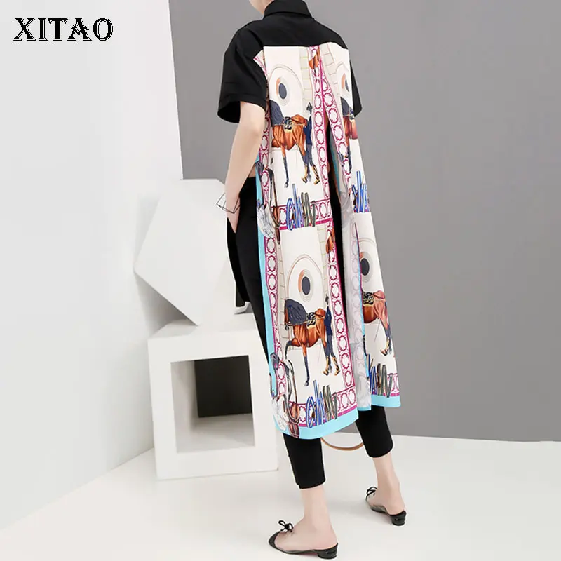 

XITAO Backless Split Blouse Women Clothes 2019 Turn Down Collar Bow Print Pattern Wild Joker Long Patchwork Elegant WLD1590