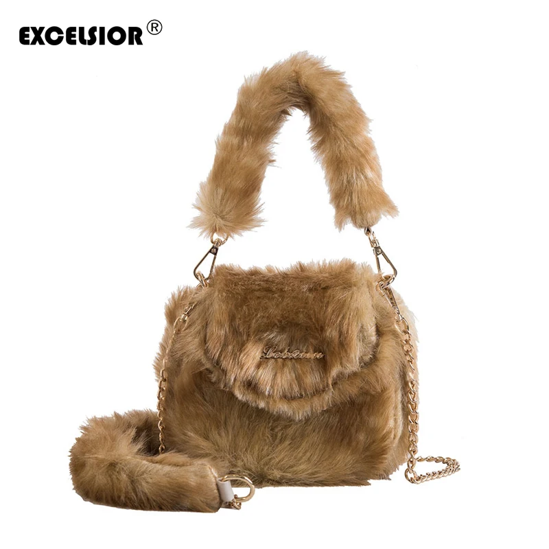 

EXCELSIOR 2019 Mini Fur Women's Handbag Solid Female Handbag New Fashion Shoulder Bag For Lady Crossbody Bag Detachable Strap