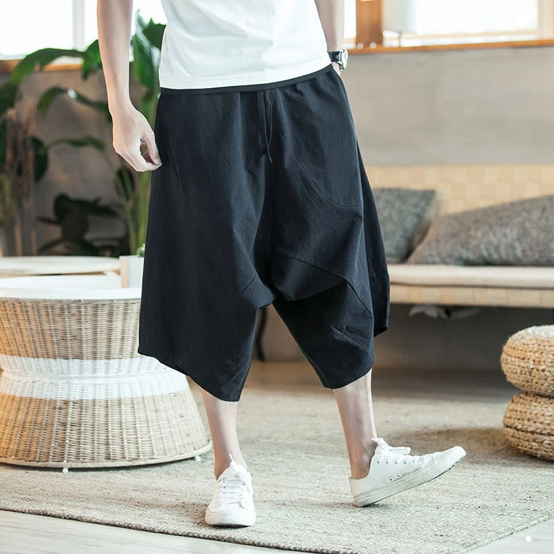 

2019 Summer Men's Wide Crotch Harem Pants Men Loose Large Cropped Trousers Wide-legged Bloomers Chinese Style Baggy Men Pants