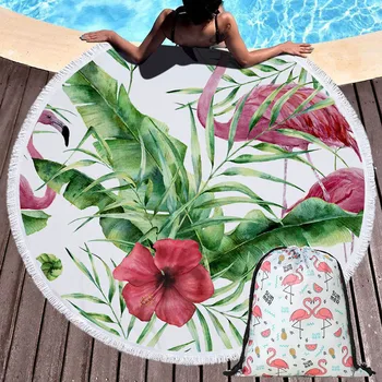 

Flamingo Flowers Soft Summer 150cm Round Beach Towels Bath Shower Towel With Drawstring Backpack Bag Yoga Mat Sofa Cover Blanket