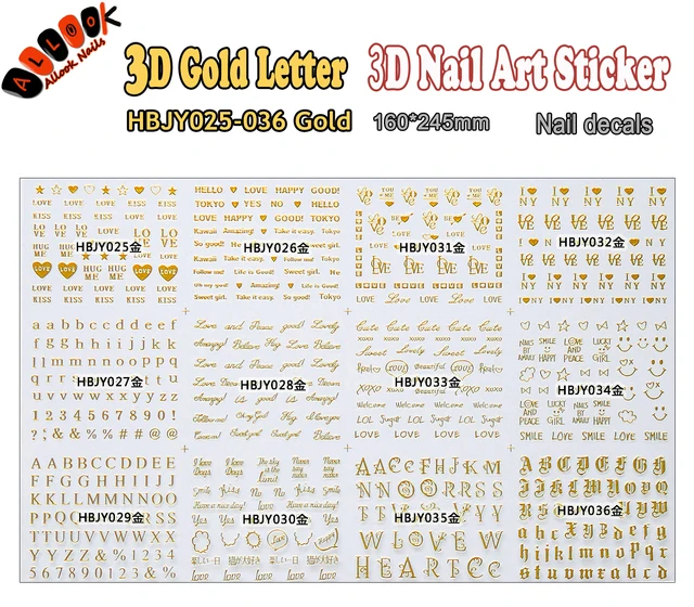3d nail sticker large piece hbjy025 036 12 designs in 1 gold gold letter sticker