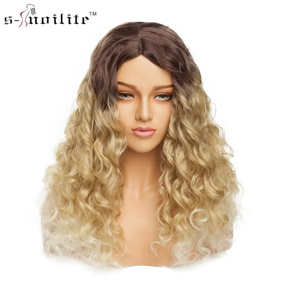 

SNOILITE 24inch kinky curly wig ombre brown gold synthetic wig heat resistant brown roots brazilian curly wig for women lady