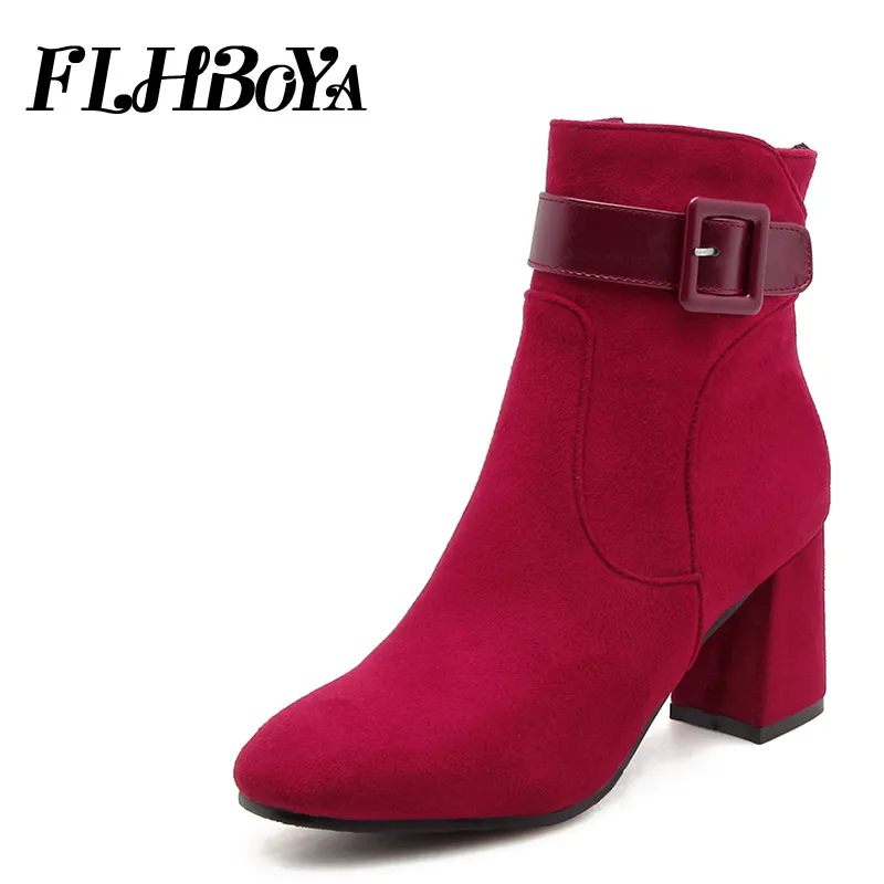 

FHLBOYA New Women block heels Buckle Ankle Boots Woman Winter Warm Zipper High Square heel Mid-calf Short Boots Shoes Plus size